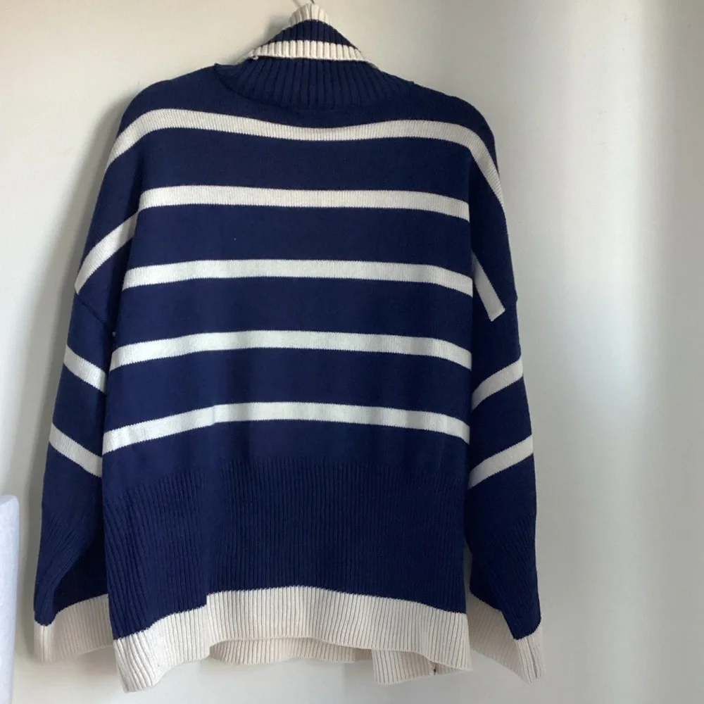 Topshop Oversized Sweater Size XS Navy White Stripe Turtleneck